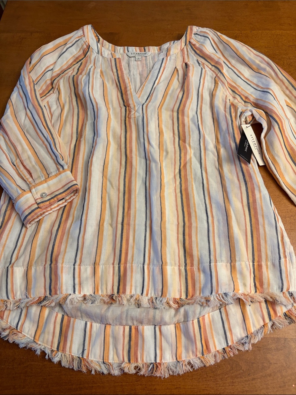 Liverpool Striped V-Neck Frayed-Hem Tunic in Peach, Blue & Cream - Picture 2 of 11